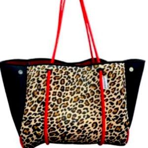 New Ahdorned Leopard print neoprene shoulder bag/tote with small pouch